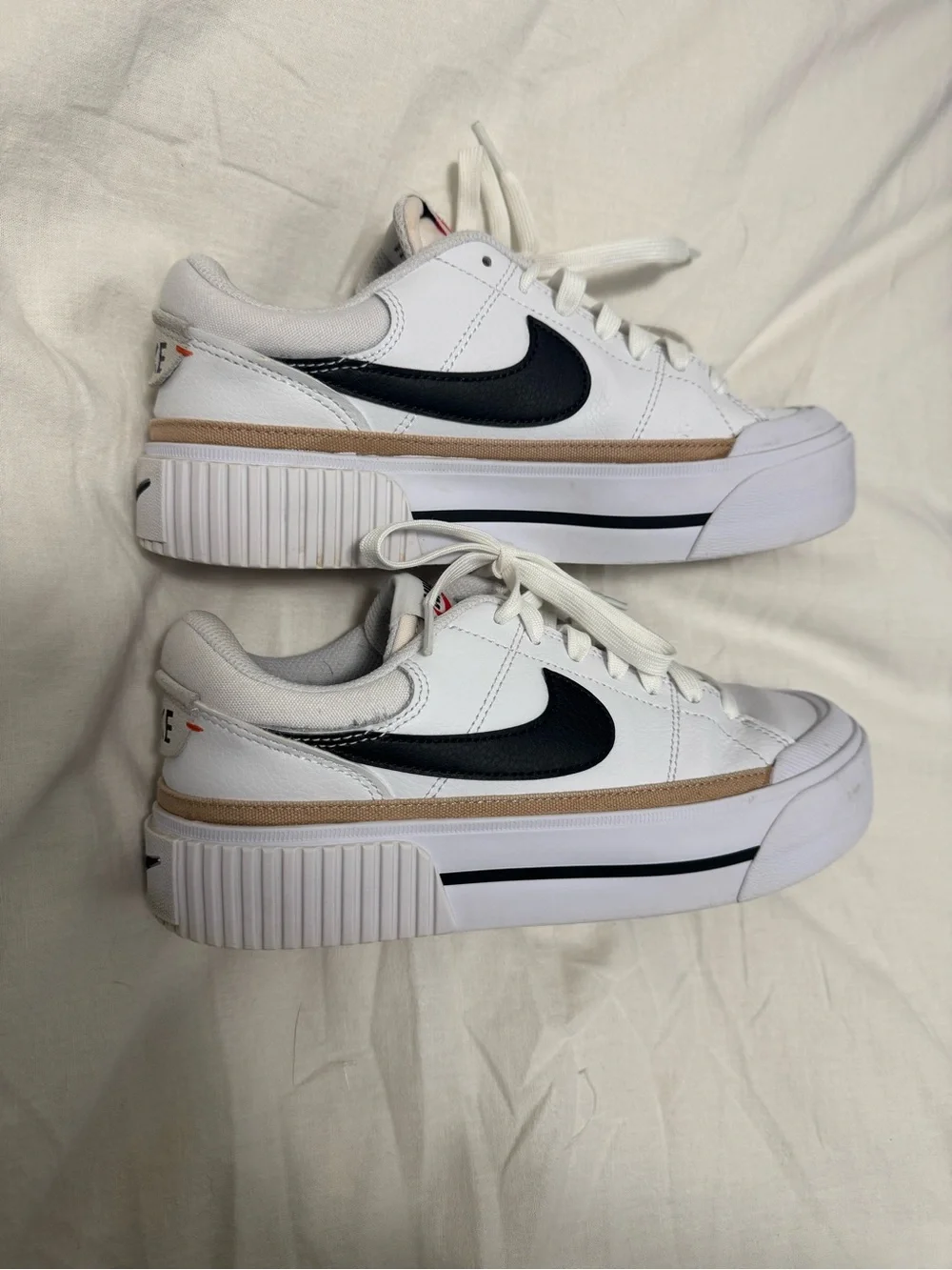 Nike White Leather Platform Sneakers with Black Swoosh and Tan Trim - Picture 1 of 8